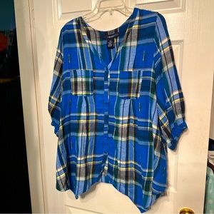 Women's 14W  Denim 24/7 Blue White Plaid V-Neck Button Up Pocket 3/4 Sleeve